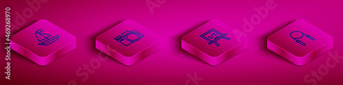 Set Isometric line Toy boat, Photo camera, Chalkboard and Jump rope icon. Vector