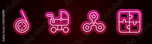 Set line Yoyo toy, Baby stroller, Fidget spinner and Puzzle pieces. Glowing neon icon. Vector