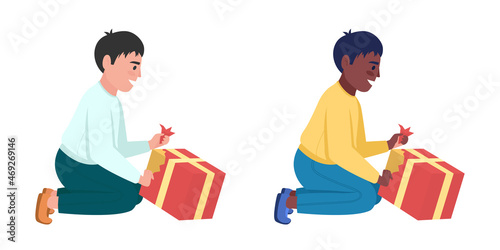 Boy with wrapped gift semi flat color vector character set. Posing figures. Full body people on white. Christmas isolated modern cartoon style illustration for graphic design and animation bundle