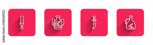 Set line Medieval sword, Broken amphorae, Dagger and Bottle of olive oil with long shadow. Red square button. Vector