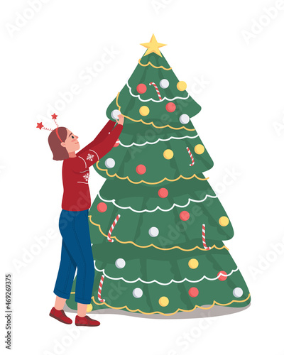 Girl decorating Christmas tree semi flat color vector character. Posing figure. Full body person on white. Winter season isolated modern cartoon style illustration for graphic design and animation