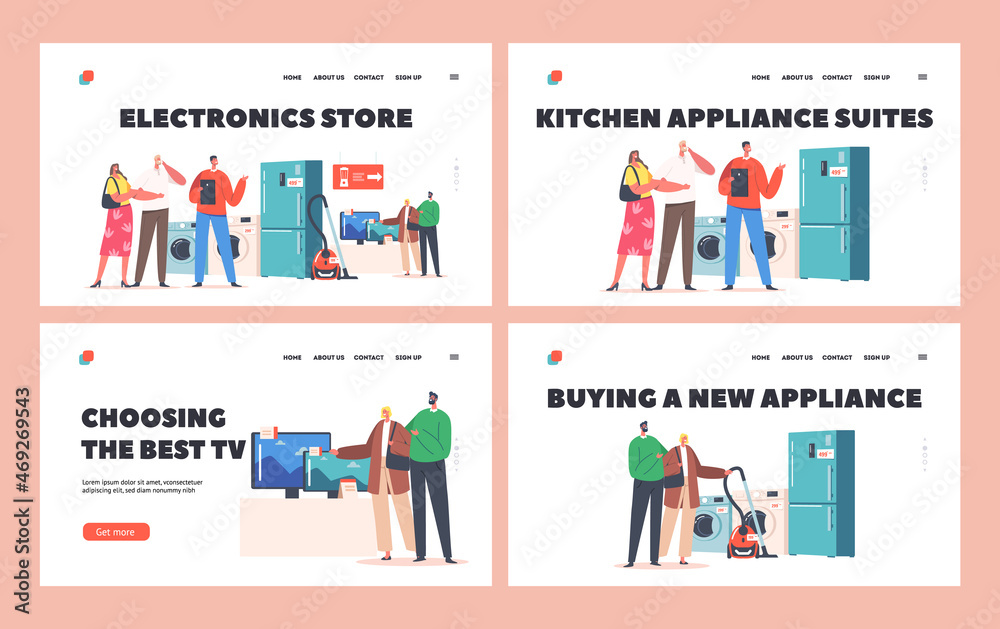 Electronics Store Landing Page Template Set. Family Buy Household Goods, Couples Characters Purchase Home Appliances
