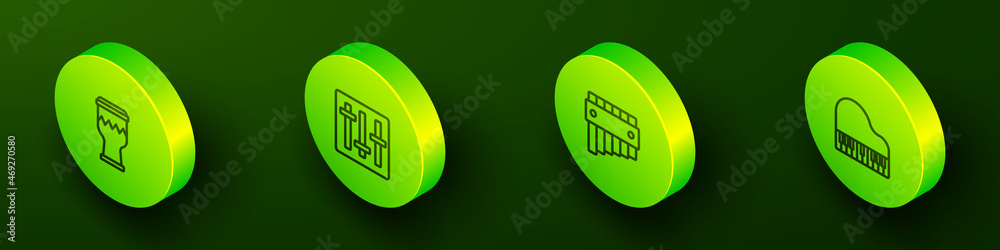 Set Isometric line Drum, Sound mixer controller, Pan flute and Grand piano icon. Vector Set Isometric line Drum, Sound mixer controller, Pan flute and Grand piano icon. Vector