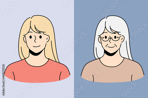 Young and old woman comparison on one picture. Person aging have facial differences. Younger and older generation lady. Youth and maturity concept. Vector illustration, cartoon character. 