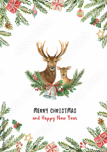 Watercolor vector Christmas card with reindeer, bell and fir branches.