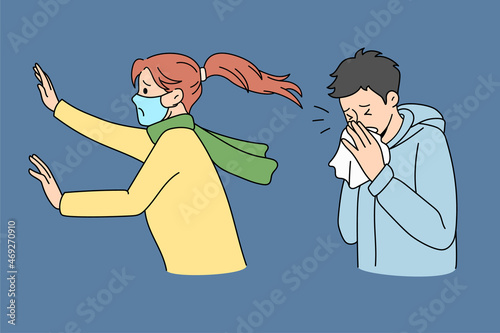 Anxious young woman in facemask scared of sick man sneezing have running nose afraid of covid-19 pandemics. Worried girl terrified by unhealthy male stressed with coronavirus. Vector illustration. 