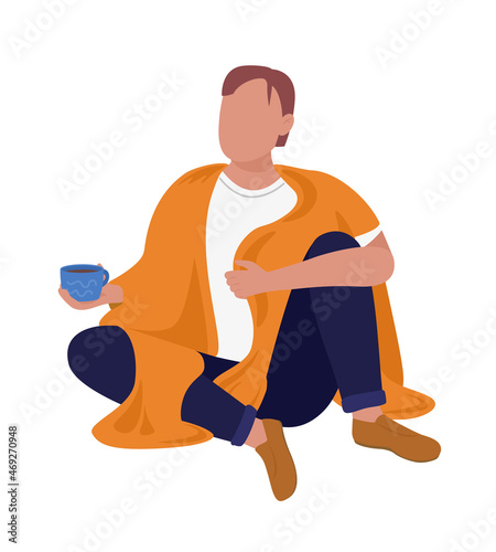 Man wrapped in plaid semi flat color vector character. Sitting figure. Full body person on white. Comfortable life isolated modern cartoon style illustration for graphic design and animation