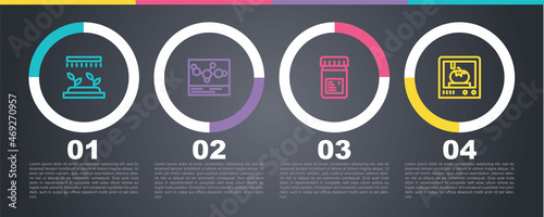 Set line Automatic irrigation sprinklers, Chemical formula, Jar with additives and 3D printing technology. Business infographic template. Vector