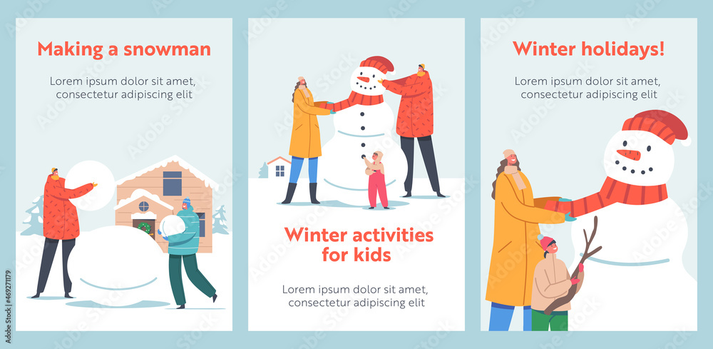 People Playing on Christmas Holidays. Happy Family Parents with Kids Making Funny Snowman on Snowy Landscape Background