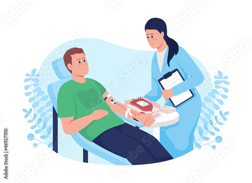Blood donation 2D vector isolated illustration. Man in chair on blood transfusion. Donor with smiling nurse flat characters on cartoon background. Charity work and volunteering colourful scene