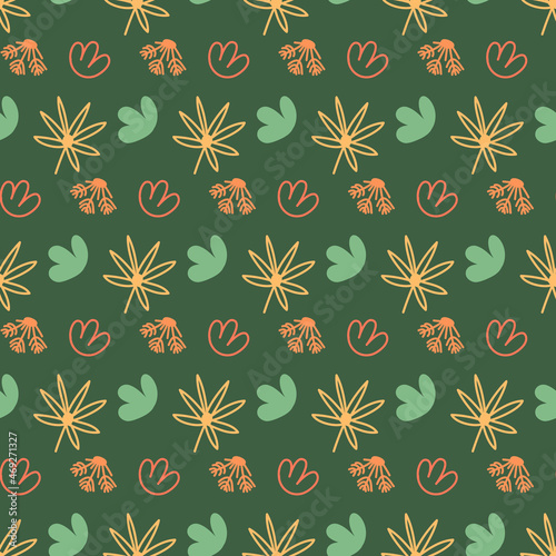 Seamless pattern hand drawn sprig with flower on green background, wallpaper wrapping textile