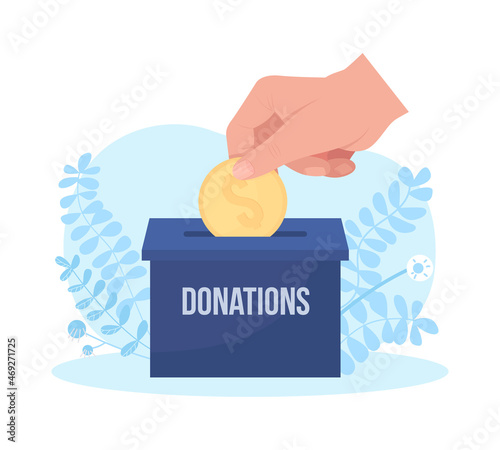 Financial donation 2D vector isolated illustration. Aiding with money. Giving coin flat hand on cartoon background. Monetary contribution to non profit organization colourful scene