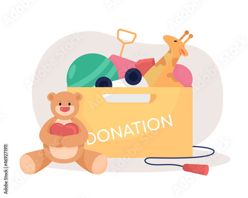 Toys donation box 2D vector isolated illustration. Support orphanage by giving away dolls. Humanitarian aid flat composition on cartoon background. Charity contribution colourful scene photo