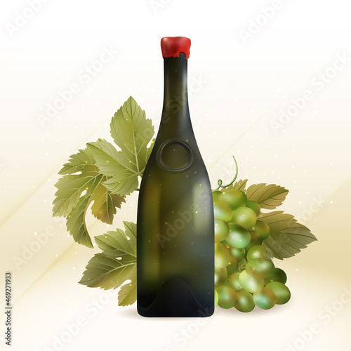 Vector image of realistic wine bottle and grapes