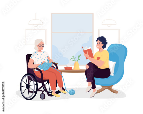 Volunteer in nursing home 2D vector isolated illustration. Girl read to grandma. Elderly and younger woman sit together indoors flat characters on cartoon background. Charity work colourful scene