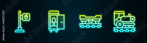 Set line Cafe and restaurant location, Toilet in the train car, Cargo wagon and Vintage locomotive. Glowing neon icon. Vector