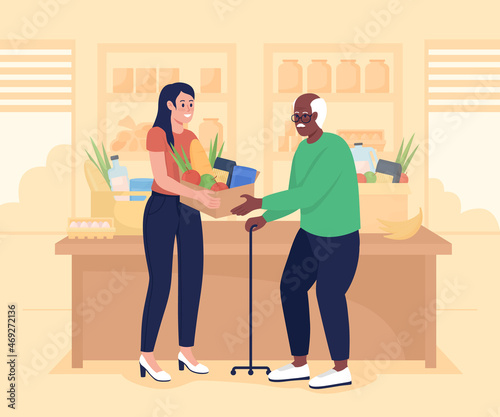 Food bank flat color vector illustration. Donating contribution to poor. Social service for elderly. Volunteer giving box of supplies to older man 2D cartoon characters with supermarket on background