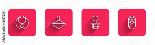 Set line Baby bib, Whirligig toy, dummy pacifier and Newborn baby infant swaddled with long shadow. Red square button. Vector