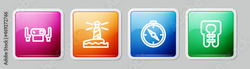 Set line Poker table, Lighthouse, Compass and Life jacket. Colorful square button. Vector