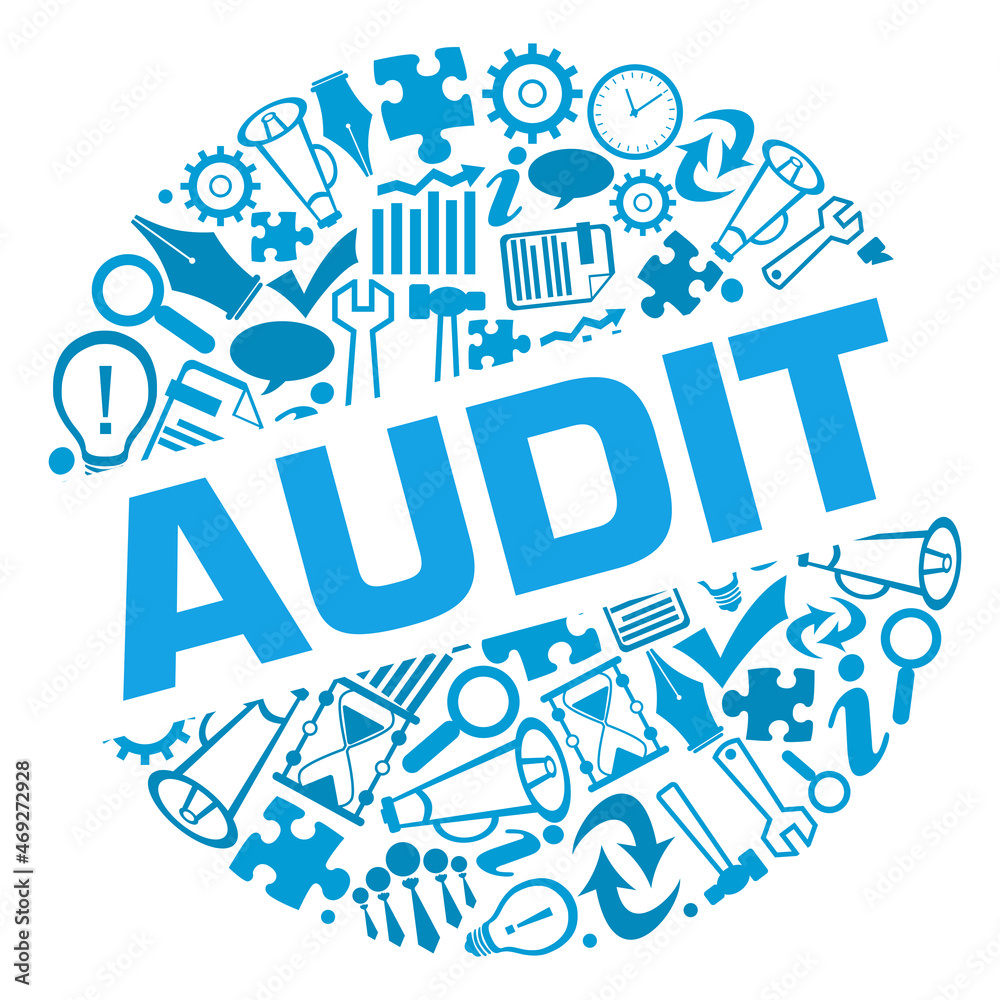 Audit Business Symbols Blue Badge Style  - obrazy, fototapety, plakaty 
