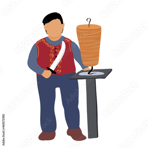 Male chef with a knife in his hand in traditional dress, cooking and sells donner kebab. Street food mini business. selling shawarma. Flat vector illustration isolated on a white background.