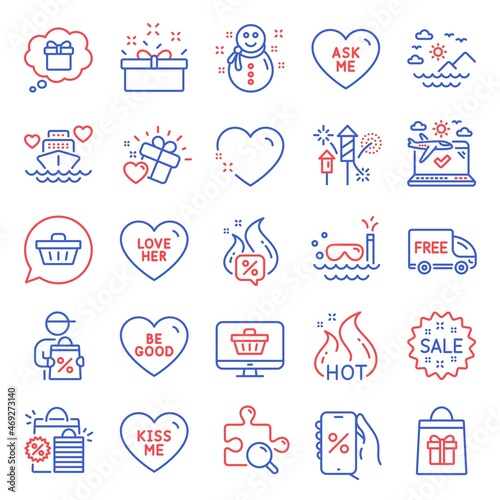 Holidays icons set. Included icon as Heart, Sale, Ask me signs. Love her, Snowman, Discounts app symbols. Shopping cart, Shopping bags, Hot sale. Kiss me, Search puzzle, Love gift. Be good. Vector