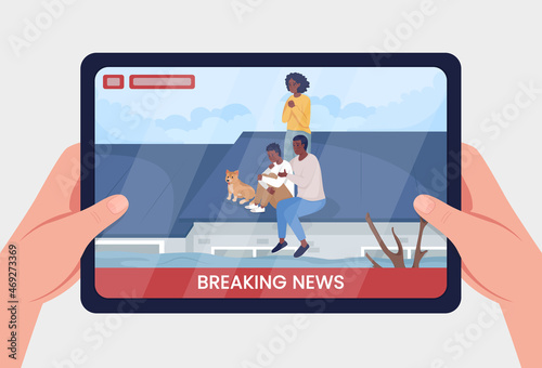 Breaking news on disaster flat color vector illustration. Streaming urgent information on emergency situation. Stressed family trapped on roof by flood 2D cartoon first view hand with color background