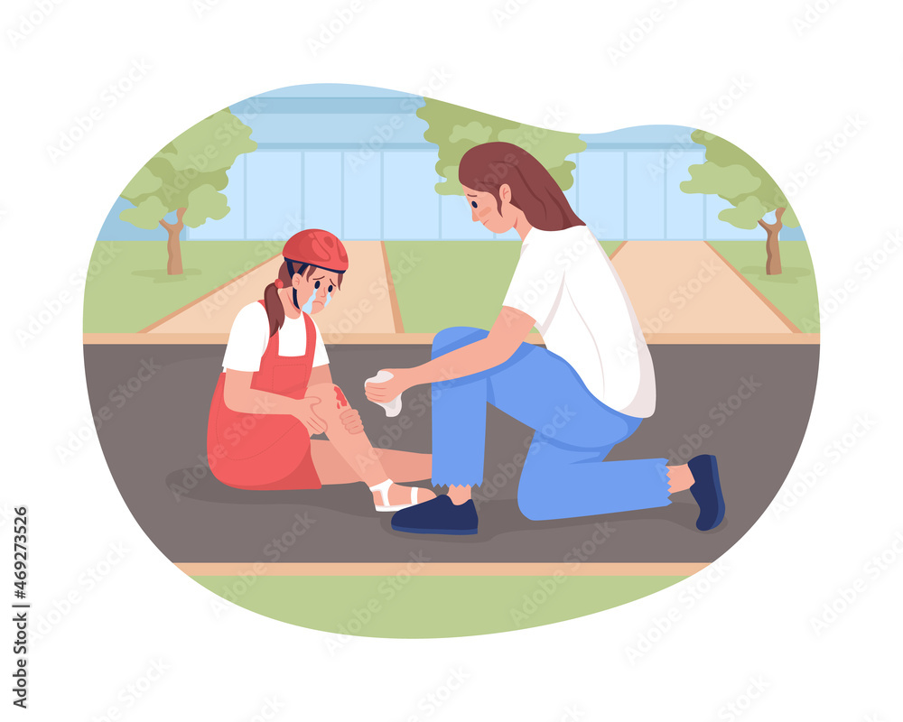 Parent help with injury 2D vector isolated illustration. Aid with wound on knee. Distressed mother and daughter flat characters on cartoon background. Accident from riding bike colourful scene
