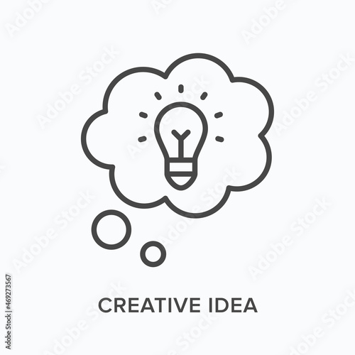 Creative idea flat line icon. Vector outline illustration of lamp bulb and cloud. Black thin linear pictogram for innovation