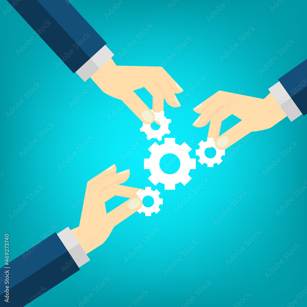 Business concept. Team metaphor. Employee team create mechanism with cogs. Symbol of teamwork, cooperation, partnership. Business concept. Team metaphor. Employee team create mechanism with cogs. Symbol of teamwork, cooperation, partnership.