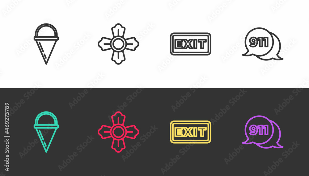 Set line Fire cone bucket, Firefighter, exit and Telephone call 911 on black and white. Vector Set line Fire cone bucket, Firefighter, exit and Telephone call 911 on black and white. Vector