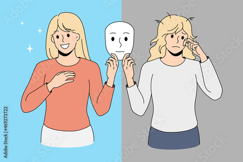 Young woman hold mask show different emotions suffer from bipolar disorder. Unhappy and smiling girl struggle with mental illness. Psychology, health problem concept. Vector illustration. 