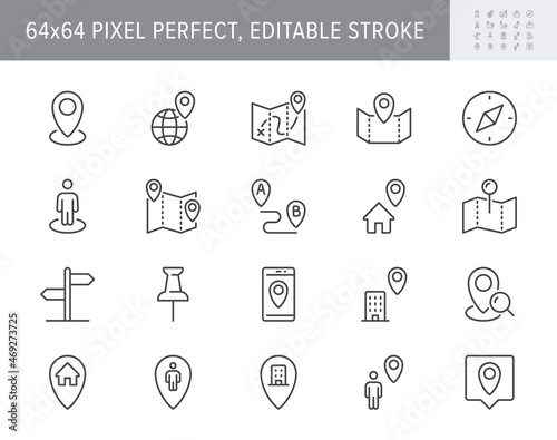 Location line icons. Vector illustration include icon - gps, paper map, globe, information sign, compass, smartphone, work, job outline pictogram for navigation. 64x64 Pixel Perfect, Editable Stroke