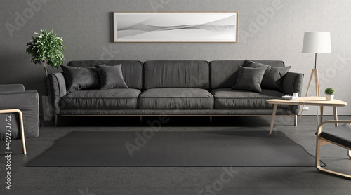Blank black rectangular interior carpet in room mockup, front view