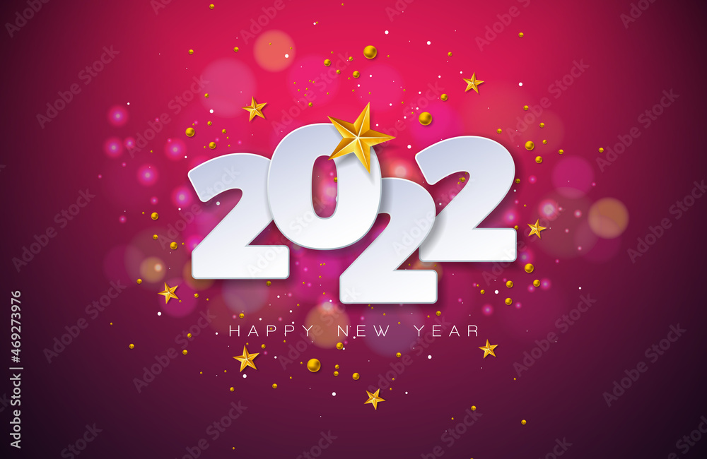 2022 Happy New Year Illustration with White Cutout Number on Colorful Shiny Background. Vector Christmas Holiday Season Design for Flyer, Greeting Card, Banner, Celebration Poster, Party Invitation or