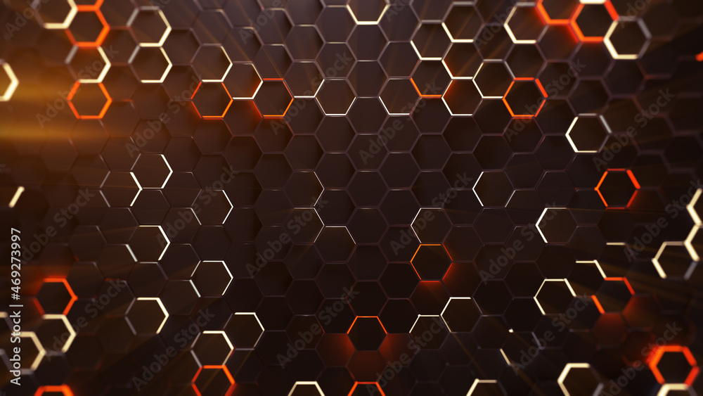 Technology backgound with glowing hexagons 3D rendering - obrazy, fototapety, plakaty 