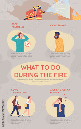 What to do during fire flat vector brochure template. Flyer, booklet, printable leaflet design with flat illustrations. Magazine page, cartoon reports, infographic posters with text space