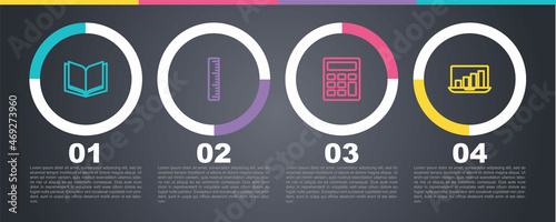 Set line Open book, Ruler, Calculator and Laptop with graph chart. Business infographic template. Vector
