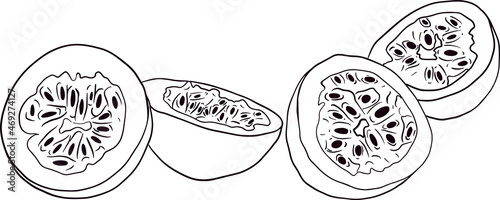 Vector hand drawn set of passion fruits. Passion fruit illustration. Delicious tropical vegetarian objects. Coloring pages