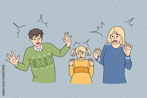 Shocked scared family with daughter feel terrified by unexpected unpleasant news. Unhappy parents with small girl child have fear feel terrified frightened. Panic attack. Flat vector illustration. 