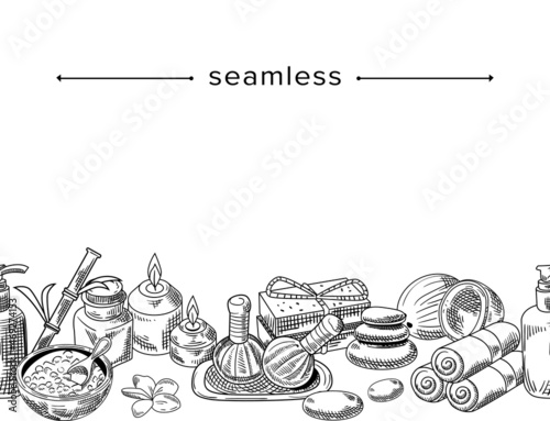 Seamless Pattern with Beauty and Spa Doodle Items. Composition of Candles, Towels, Stones and Cream or Oil for Massage