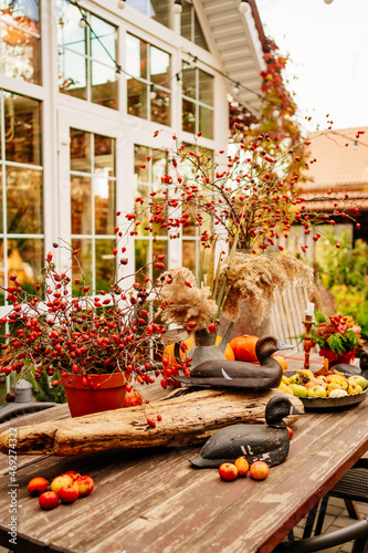 table in the backyard of the house decorated in autumn style.  © andrey
