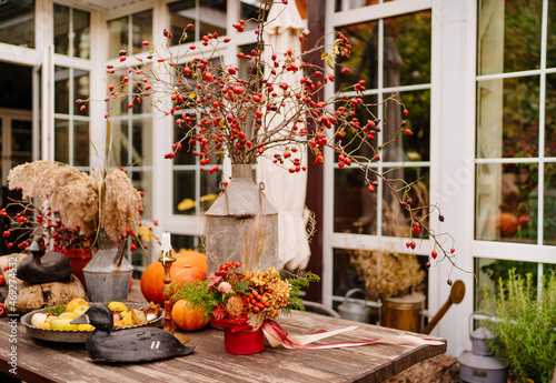 table in the backyard of the house decorated in autumn style. 