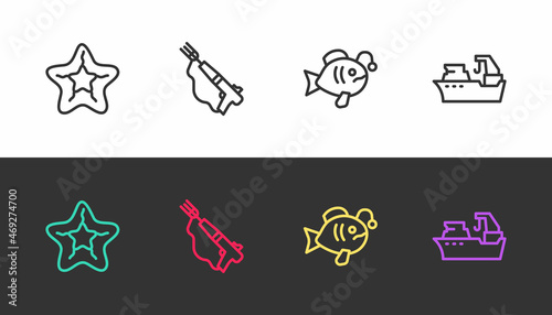 Set line Starfish, Fishing harpoon, Tropical and boat on black and white. Vector