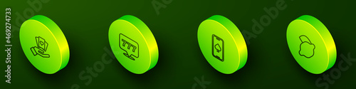 Set Isometric line Hand holding playing cards, Slot machine with jackpot, Online poker table game and Casino slot lemon icon. Vector