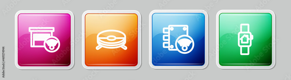Set line Smart garage, Robot vacuum cleaner, Digital door lock and home with smart watch. Colorful square button. Vector Set line Smart garage, Robot vacuum cleaner, Digital door lock and home with smart watch. Colorful square button. Vector
