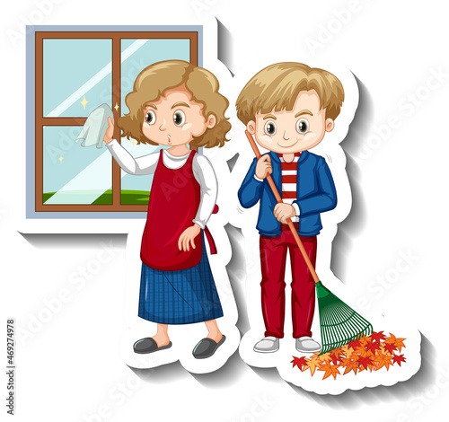 Couple kids doing housework