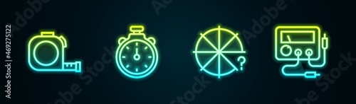 Set line Roulette construction, Stopwatch, Circle of pieces and Multimeter, voltmeter. Glowing neon icon. Vector
