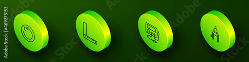 Set Isometric line Radius, Corner ruler, Multimeter, voltmeter and Drawing compass icon. Vector