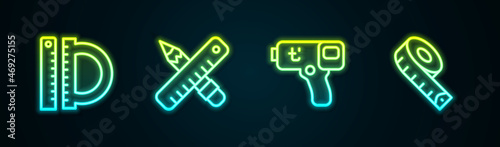 Set line Protractor and ruler, Crossed pencil, Digital thermometer and Measuring tape. Glowing neon icon. Vector